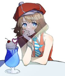 Rule 34 | 1girl, blue eyes, blue necktie, blush, brown hair, cherry, commentary, diagonal-striped clothes, diagonal-striped necktie, dress, drink, drinking straw, expressionless, food, fruit, hat, head rest, highres, ice cream, ice cream float, idolmaster, idolmaster million live!, idolmaster million live! theater days, jelly pop beans, medium hair, messiah go, necktie, red dress, red hat, shade, sidelocks, sleeveless, sleeveless dress, solo, striped clothes, suou momoko, table, upper body, wavy hair, white background