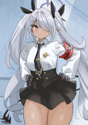 Rule 34 | 1girl, armband, black gloves, black necktie, black skirt, blue archive, breasts, closed mouth, collared shirt, cowboy shot, gloves, grey hair, hair over one eye, halo, highres, iori (blue archive), long hair, long sleeves, medium breasts, necktie, red eyes, shirt, skirt, solo, thighs, white shirt, yuuichi (reductionblack)