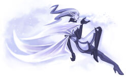 Rule 34 | 1girl, ass, black gloves, black thighhighs, blue skin, boots, colored skin, elbow gloves, final fantasy, final fantasy xi, from behind, frost, gloves, high heel boots, high heels, kareji, long hair, shiva (final fantasy), simple background, solo, thighhighs, white background