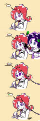 Rule 34 | 2girls, :d, alternate eye color, armor, artist name, battery, black hair, cable, closed eyes, closed mouth, comic, eating, fingerless gloves, food, food on face, fork, gloves, green eyes, heterochromia, highres, holding, light smile, md5 mismatch, multiple girls, nintendo, octoling, open mouth, original, pancake (zoza), parted lips, plate, red hair, seaweed, short hair, siblings, signature, sisters, sleeping, smile, splatoon (series), splatoon 1, stitched, takozonesu, tentacle hair, third-party edit, upper body, waffle, waffle (zoza), zoza