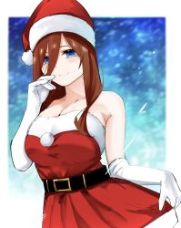 Rule 34 | 1girl, bare shoulders, belt, black belt, blue background, blue eyes, blurry, blurry background, blush, breasts, brown hair, christmas, cleavage, closed mouth, clothes lift, commentary, cowboy shot, dress, dress lift, elbow gloves, eyebrows hidden by hair, fur-trimmed dress, fur trim, gloves, go-toubun no hanayome, hair between eyes, hair over one eye, hand up, hat, highres, large breasts, lifted by self, long hair, looking at viewer, mame1645, nakano miku, pom pom (clothes), red dress, santa dress, santa hat, smile, solo, standing, strapless, strapless dress, white fur, white gloves, wind