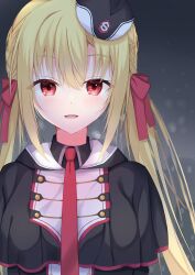 Rule 34 | 1girl, absurdres, arihara nanami, beret, black capelet, black collar, blonde hair, blurry, blurry background, blush, braid, breasts, capelet, collar, colored eyelashes, commentary, dot nose, eyelashes, grey sky, hair between eyes, hair ribbon, hat, highres, hood, kiki0319i, large breasts, long hair, looking at viewer, military, military hat, military uniform, mini hat, necktie, night, open mouth, outdoors, red eyes, red necktie, red ribbon, ribbon, riddle joker, side braid, sidelocks, sky, smile, solo, straight hair, uniform, upper body, very long hair, yuzu-soft