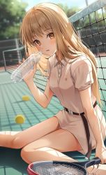 Rule 34 | 1girl, ball, belt, blonde hair, blurry, blurry background, blush, bottle, brown eyes, highres, long hair, looking at viewer, open mouth, original, outdoors, polo dress, racket, shadow, short sleeves, sitting, solo, tennis, tennis ball, tennis court, tennis net, tennis racket, water, water bottle, zattape