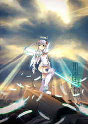 Rule 34 | 1girl, angel, armor, boots, breasts, brooch, cloud, cloudy sky, covered navel, cross, djibril aries, elbow gloves, feathers, floating hair, gem, gloves, glowing, glowing sword, glowing weapon, glowing wings, green eyes, grin, hair ribbon, halo, highres, holding, jewelry, jinno hikari, leg lift, legs, light purple hair, light rays, long hair, looking afar, magical girl, makai tenshi djibril, makai tenshi djibril 2, necktie, one-piece swimsuit, painpa, power lines, puffy short sleeves, puffy sleeves, purple hair, red cross, ribbon, ruins, sailor collar, school swimsuit, shin guards, short sleeves, shoulder pads, sidelocks, sky, small breasts, smile, solo, standing, sunbeam, sunlight, swimsuit, swimsuit costume, sword, thigh boots, thighhighs, thighlet, transparent, turtleneck, twintails, utility pole, weapon, white gloves, white one-piece swimsuit, white school swimsuit, wide hips, wind, wings
