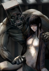 Rule 34 | 1girl, arm on another&#039;s shoulder, black hair, covering privates, covering crotch, highres, jacket, jacket on shoulders, jittsu, long hair, muscular, no nipples, orange eyes, original, skull, stitches