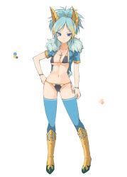 Rule 34 | 1girl, bikini, blue bikini, blue eyes, blue hair, blue thighhighs, blush, boots, breasts, closed mouth, color guide, crop top, cross, cross necklace, full body, fur trim, gold trim, hand on own hip, horns, jacket, jewelry, latin cross, legs apart, medium breasts, monster hunter (series), necklace, ohta yuichi, open clothes, open jacket, personification, ponytail, short hair, simple background, solo, standing, swimsuit, thighhighs, white background, yellow footwear, zinogre