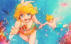 Rule 34 | 1boy, 1girl, bad id, bad pixiv id, barefoot, bikini, blonde hair, blue eyes, brother and sister, fish, freediving, hairband, highres, holding another&#039;s wrist, kagamine len, kagamine rin, nail polish, shiroxx0094, short hair, siblings, striped bikini, striped clothes, swimming, swimsuit, underwater, vocaloid