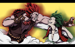 Rule 34 | 1boy, 1girl, akuma (street fighter), aura, beads, black sclera, breasts, capcom, cleavage, clenched hands, clenched teeth, colored sclera, crossover, dress shirt, fighting, green hair, kazami yuuka, large breasts, letterboxed, looking at another, plaid, plaid vest, prayer beads, red eyes, red hair, sharp teeth, shiro tou umeshu, shirt, short hair, street fighter, street fighter ii (series), teeth, touhou, vest