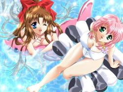 Rule 34 | artist request, bow, breasts, brown hair, character request, cleavage, covered erect nipples, game cg, green eyes, hair bow, hina ~ippai daisuki~, inflatable dolphin, inflatable raft, inflatable toy, looking at viewer, multiple girls, one eye closed, pink hair, swimsuit, tagme, water
