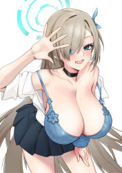 Rule 34 | 1girl, absurdres, arashi (alais), asuna (blue archive), black choker, black skirt, blue archive, blue bra, blue eyes, blue halo, blush, bra, breasts, choker, cleavage, collared shirt, cowboy shot, hair over one eye, halo, highres, large breasts, light brown hair, long hair, mole, mole on breast, open mouth, pleated skirt, shirt, short sleeves, simple background, skirt, smile, solo, underwear, white background, white shirt