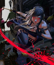 Rule 34 | 1other, 2boys, 2girls, absurdres, alley, anya (spy x family), bare shoulders, battle, black footwear, black gloves, black hair, bleeding, blonde hair, blood, blood on clothes, blood on gloves, blood on ground, blurry, blurry background, boots, breasts, child, cleavage, closed mouth, collarbone, death, earrings, eyelashes, finger to mouth, fingerless gloves, gloves, gun, hair bun, hairband, high heel boots, high heels, highres, holding, holding hands, holding weapon, hyeonjong8, jewelry, lamppost, leg up, long eyelashes, long hair, multiple boys, multiple girls, no pupils, outdoors, photoshop (medium), pink hair, pov, pov hands, red eyes, red lips, shell casing, shushing, slashing, solo focus, spy x family, thigh boots, tile floor, tiles, twilight (spy x family), weapon, yor briar