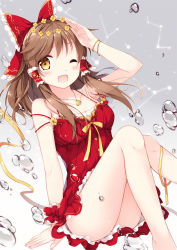 Rule 34 | 1girl, ;d, arm at side, arm support, bare legs, bare shoulders, blush, bow, bracelet, brown hair, constellation, dress, dutch angle, flower, frills, gradient background, grey background, hair bow, hair tubes, hakurei reimu, halterneck, hand up, head wreath, jewelry, leg ribbon, long hair, looking at viewer, mochizuki shiina, necklace, one eye closed, open mouth, red bow, red dress, ribbon, scrunchie, shell, shell necklace, short dress, sitting, sleeveless, sleeveless dress, smile, solo, strap slip, touhou, upskirt, water, water drop, wrist scrunchie, yellow eyes, yellow flower, yellow ribbon