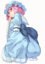 Rule 34 | 1girl, arm garter, ass, blue bow, blue dress, blue hat, blush, bow, closed mouth, dress, drooling, frilled hat, frilled sleeves, frills, from behind, from below, full body, hair between eyes, hand to own mouth, hat, highres, japanese clothes, kanzen bouon, long sleeves, looking away, mob cap, no shoes, pink eyes, pink hair, saigyouji yuyuko, saliva, sash, seiza, short hair, simple background, sitting, socks, solo, touhou, triangular headpiece, white background, white socks, wide sleeves