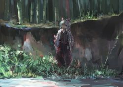 Rule 34 | 1girl, bamboo, bamboo forest, bow, forest, fujiwara no mokou, grass, hair bow, hair ribbon, hands in pockets, ichiba youichi, long hair, nature, red eyes, ribbon, silver hair, solo, suspenders, touhou