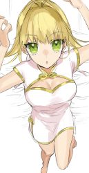 Rule 34 | 1girl, akamakoto, blonde hair, breasts, china dress, chinese clothes, cleavage, cleavage cutout, clothing cutout, dress, fate/extra, fate (series), gold trim, green eyes, hair between eyes, hair intakes, large breasts, long hair, looking at viewer, nero claudius (fate), nero claudius (fate) (all), nero claudius (fate/extra), open mouth, short sleeves, solo, thighs, white dress