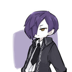 Rule 34 | 1boy, black jacket, black necktie, brown eyes, closed mouth, collared shirt, colored skin, commentary request, expressionless, hair over one eye, harvest fes, jacket, library of ruina, long sleeves, male focus, necktie, open clothes, open jacket, project moon, purple hair, shirt, short hair, solo, upper body, white shirt, white skin, yesod (project moon)