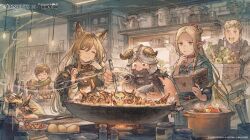 2girls 3boys :d absurdres animal_ears arknights armor bag beard blonde_hair book bottle bowl brown_eyes brown_hair capsicum carrot ceobe_(arknights) chilchuck_tims choker closed_eyes commentary cooking cooking_pot copyright_name crossover cup dog_ears dungeon_meshi dwarf egg elf english_commentary facial_hair fake_horns fingerless_gloves gloves green_eyes grocery_bag hanging_light helmet highres holding holding_book holding_bowl holding_cup holding_spoon holding_table horned_helmet horns indoors infection_monitor_(arknights) kettle laios_touden long_hair long_sleeves maeka_(kumaekake) marcille_donato multiple_boys multiple_girls official_art open_book open_mouth originium_slug_(arknights) pointy_ears red_choker second-party_source senshi_(dungeon_meshi) shopping_bag smile spoon sweatdrop wok wooden_cup