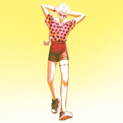 Rule 34 | 1boy, 2021, arms up, closed eyes, dated, food print, full body, gojou satoru, heuwell cheese, highres, jujutsu kaisen, male focus, pink shirt, red shorts, shirt, shoes, short hair, shorts, smile, sneakers, solo, strawberry print, sunglasses, walking, white hair