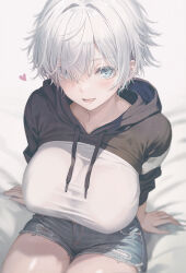 Rule 34 | 1girl, arm support, bed sheet, black hoodie, blush, breasts, commentary request, denim, denim shorts, from above, grey eyes, grey shorts, hair intakes, hair over one eye, heart, hood, hood down, hoodie, kurono mitsuki, large breasts, looking at viewer, on bed, open mouth, original, short hair, short shorts, shorts, sleeves rolled up, smile, solo, two-tone hoodie, very short hair, white hair, white hoodie