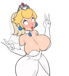 Rule 34 | 1girl, absurdres, ahegao, bare shoulders, blonde hair, blue eyes, blush, breasts, bridal veil, bride, choker, cleavage, collarbone, double v, dress, earrings, elbow gloves, eyelashes, fingernails, flipped hair, gloves, greyimpaction, hands up, highres, jewelry, large breasts, lips, long fingernails, mario (series), nintendo, open mouth, pendant choker, piercing, pink lips, ponytail, princess peach, princess peach (wedding), rolling eyes, sharp fingernails, short hair, simple background, solo, strapless, strapless dress, super mario odyssey, tearing up, teeth, thick lips, tiara, tongue, tongue out, tongue piercing, upper teeth only, v, veil, wedding dress, white background, white choker, white dress, white gloves