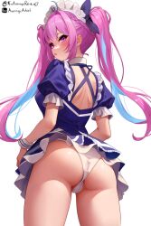 Rule 34 | 1girl, ahoge, ass, ass focus, blue hair, blue ribbon, blunt bangs, blush, braid, breasts, colored inner hair, from behind, frqz bijutsu, hair ribbon, hololive, long hair, looking at viewer, looking back, maid headdress, medium breasts, minato aqua, minato aqua (1st costume), multicolored hair, open mouth, panties, purple eyes, purple hair, ribbon, solo, streaked hair, thighs, twintails, two-tone hair, underwear, virtual youtuber, white background, white panties