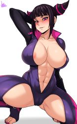 Rule 34 | 1girl, abs, absurdres, areola slip, arm behind head, arm up, biker clothes, bikesuit, black bodysuit, black hair, blunt bangs, bodysuit, breasts, cameltoe, cleft of venus, commentary, covered abs, covered collarbone, covered erect nipples, covered navel, drill hair, english commentary, hair ornament, han juri, highres, jmg, large breasts, long sleeves, looking at viewer, mixed-language commentary, muscular, muscular female, nail polish, parted lips, pink eyes, popped collar, purple bodysuit, short hair, sidelocks, signature, simple background, skin tight, smile, solo, spread legs, squatting, street fighter, street fighter v, toeless legwear, toenail polish, toenails, toes, twin drills, v-shaped eyebrows, white background