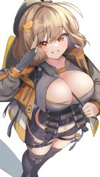 Rule 34 | 1girl, anis (nikke), bad link, black hat, breasts, brown hair, buckle, cleavage cutout, clothing cutout, goddess of victory: nikke, hand grenade, hat, highres, large breasts, looking at viewer, looking up, salute, snap-fit buckle, solo, ta1sh1, thigh strap, thighhighs