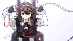Rule 34 | 1girl, 547th sy, ahoge, black gloves, black hair, black serafuku, blue eyes, braid, cannon, commentary request, dated, fingerless gloves, gloves, hair flaps, hair ornament, hair over shoulder, headband, highres, kantai collection, looking at viewer, machinery, neckerchief, red neckerchief, sailor collar, school uniform, serafuku, shigure (kancolle), shigure kai ni (kancolle), simple background, single braid, solo, turret, twitter username, upper body, white background, white headband, white sailor collar