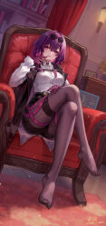 Rule 34 | 1girl, absurdres, black jacket, black shorts, bookshelf, breasts, commentary request, crossed legs, dutch angle, eyewear on head, feet, gloves, grin, high-waist shorts, highres, honkai: star rail, honkai (series), indoors, jacket, kafka (honkai: star rail), long hair, long sleeves, looking at viewer, medium breasts, no shoes, open clothes, open jacket, pantyhose, pantyhose under shorts, parted lips, purple eyes, purple gloves, purple hair, purple pantyhose, shirt, short shorts, shorts, sitting, smile, solo, sunglasses, thigh strap, thighs, toes, white shirt, yelan xing xuan