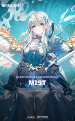 Rule 34 | 1girl, armor, black thighhighs, blue eyes, commentary, dual wielding, english commentary, english text, grey hair, grimlight, head wings, highres, holding, long hair, mist (grimlight), official art, shoulder armor, solo, sword, thighhighs, weapon, white wings, wings