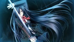 Rule 34 | 1girl, absurdly long hair, black hair, black jacket, blue skirt, bow, bowtie, closed mouth, collared shirt, dress shirt, floating hair, frown, game cg, hair over one eye, hatozuki tsumiki, holding, holding sword, holding weapon, indoors, jacket, kashiwagi narumi, katana, long hair, long sleeves, looking at viewer, miniskirt, open clothes, open jacket, pleated skirt, red bow, red bowtie, red eyes, school uniform, shirt, skirt, solo, soukoku no arterial, standing, straight hair, sword, very long hair, weapon, white shirt, wing collar