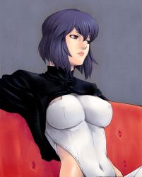 Rule 34 | 00s, 1girl, black jacket, blue hair, bob cut, breasts, closed mouth, couch, covered erect nipples, covered navel, crop top, cropped jacket, female focus, from side, ghost in the shell, ghost in the shell stand alone complex, hair between eyes, highleg, highleg leotard, impossible clothes, impossible leotard, indoors, jacket, kusanagi motoko, large breasts, leotard, lips, looking to the side, nakano tomokazu, navel, on couch, open clothes, open jacket, purple eyes, purple hair, short hair, sitting, skin tight, solo, thighhighs, turtleneck, upper body, white thighhighs