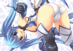 Rule 34 | 1girl, armpits, ass, blue eyes, blue footwear, blue hair, boots, butt crack, cameltoe, cleavage cutout, clothing cutout, flat chest, gloves, long hair, looking back, matching hair/eyes, ore twintail ni narimasu, revealing clothes, solo, srwsrx (gp03dsrx), tailblue, thighhighs, tsube aika, twintails, upside-down, white thighhighs