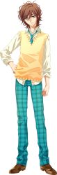 Rule 34 | 1boy, brown hair, carnelian, contrapposto, full body, hand on own hip, hip focus, loafers, long image, long sleeves, looking at viewer, male focus, necktie, pants, para-sol, plaid, plaid pants, school uniform, shoes, solo, standing, sweater vest, tall image, transparent background, yamakuni hyoubu