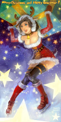 Rule 34 | 1girl, antlers, bell, blue eyes, boots, breasts, brown hair, christmas, cleavage, collar, gift, gloves, hat, horns, kazeco, large breasts, neck bell, original, santa costume, santa hat, snowing, solo, star (symbol), tail