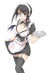 Rule 34 | 1girl, :d, alternate costume, apron, black hair, black ribbon, black thighhighs, blush, breasts, brown eyes, cleavage, clothes lift, cowboy shot, dress, dress lift, enmaided, garter straps, hair ribbon, highres, holding, holding tray, kitano (zekkyon), large breasts, lifted by self, long hair, looking at viewer, maid, maid apron, maid headdress, neck ribbon, open mouth, original, ponytail, ribbon, sidelocks, simple background, smile, solo, thigh strap, thighhighs, tray, white background, white ribbon, wrist cuffs, zekkyon