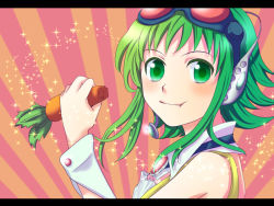 Rule 34 | 1girl, carrot, cuffs, eating, female focus, food, goggles, green eyes, green hair, gumi, headphones, letterboxed, matching hair/eyes, short hair, solo, sparkle, vocaloid, wrist cuffs