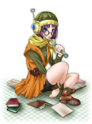 Rule 34 | 1990s (style), 1girl, bad id, bad pixiv id, blue eyes, book, chrono (series), chrono trigger, glasses, hacka, helmet, lucca ashtear, paper, purple hair, short hair, sitting, solo, wrench