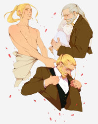 Rule 34 | 1boy, 1girl, adjusting clothes, aged down, aged up, beard, blonde hair, brown coat, closed eyes, clothes around waist, coat, couple, crazytom666, dissolving, dress shirt, dual persona, expressionless, facial hair, fingernails, floating hair, fullmetal alchemist, glasses, grey-framed eyewear, grey background, grey hair, happy, hetero, highres, hug, long hair, looking down, looking to the side, manly, parted lips, philosopher&#039;s stone, ponytail, semi-rimless eyewear, serious, shirt, simple background, smile, teeth, topless male, trisha elric, van hohenheim, vest, white shirt, yellow eyes