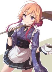 Rule 34 | 1girl, 2 nostg, apron, blush, broom, closed mouth, coffee, coffee cup, corset, cup, disposable cup, fingerless gloves, frilled apron, frills, gloves, hair bun, hair extensions, holding, holding cup, idolmaster, idolmaster cinderella girls, japanese clothes, kimono, looking at viewer, maid, ninomiya asuka, orange hair, purple eyes, red hair, ribbon, saucer, short hair, simple background, single hair bun, smile, solo, wa maid, wide sleeves