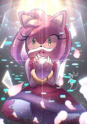 Rule 34 | 1girl, amy rose, animal nose, bracelet, cang she, cowboy shot, dress, furry, furry female, gloves, green eyes, jewelry, looking at viewer, open mouth, red dress, signature, solo, sonic (series), sonic frontiers, standing, tears, white gloves