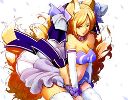 Rule 34 | 1girl, :p, adapted costume, alternate costume, animal ears, bare shoulders, bikini, blonde hair, breasts, brown eyes, choker, cleavage, dearmybrothers, detached sleeves, female focus, fox ears, fox tail, multiple girls, navel, no headwear, short hair, simple background, solo, swimsuit, tail, thighhighs, tongue, tongue out, touhou, white thighhighs, yakumo ran