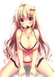 Rule 34 | 1girl, ahoge, babydoll, blonde hair, blush, bow, breasts, brown eyes, candy, chocolate, chocolate heart, chocolate on body, chocolate on breasts, cleavage, closed mouth, collarbone, food, food on body, hair between eyes, hair bow, heart, large breasts, lingerie, long hair, looking at viewer, mouth hold, original, panties, pink panties, red bow, simple background, sitting, solo, suzukawa yui, underwear, v arms, valentine, very long hair, wariza, wavy hair, white background, yellow bow