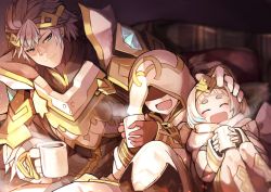 Rule 34 | 1boy, 1girl, 1other, blue eyes, blue hair, brother and sister, brown gloves, closed mouth, coffee mug, cup, closed eyes, fire emblem, fire emblem heroes, gloves, gradient hair, hair ornament, hand on another&#039;s head, highres, holding, holding cup, hood, hood up, hrid (fire emblem), kiran (fire emblem), knees up, long sleeves, mug, multicolored hair, nakabayashi zun, nintendo, open mouth, short hair, siblings, sitting, smile, tiara, white hair, ylgr (fire emblem)
