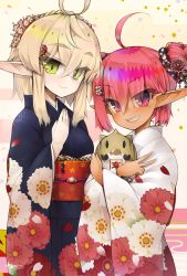 Rule 34 | 2girls, ahoge, bad id, bad pixiv id, blonde hair, blush, boar, braid, character request, chinese zodiac, closed mouth, fingernails, floral print, flower, green eyes, grin, hair between eyes, hair flower, hair ornament, hairpin, hand up, holding, iraruju, iriam, japanese clothes, kimono, long pointy ears, long sleeves, looking at viewer, mole, mole under eye, multiple girls, nail polish, new year, obi, pink eyes, pink hair, pink nails, pointy ears, sash, short hair, slit pupils, smile, standing, tanyatonya, twintails, v, virtual youtuber, wide sleeves, year of the pig