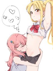 Rule 34 | 2girls, ahoge, arm behind head, armpits, bare arms, black skirt, blush, bocchi the rock!, bow, bowtie, breasts, closed mouth, commentary request, crop top, gotoh hitori, highres, hug, ijichi nijika, kissing stomach, multiple girls, navel, pink hair, pleated skirt, red bow, red eyes, shirt, simple background, sketch, skirt, small breasts, stomach, thought bubble, ukitaryu, waist hug, white background, white shirt, yuri