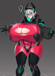 Rule 34 | 1girl, absurdres, blush, bodysuit, breast expansion, breasts, curvy, female focus, gigantic breasts, gloves, gluteal fold, highres, lips, short hair, solo, strongmoist, sweat, thick thighs, thighs, torn clothes, virtual youtuber, vshojo, white hair, wide hips, yellow eyes, zentreya