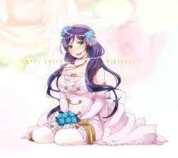 Rule 34 | 10s, 1girl, :d, blue flower, blue rose, blush, bouquet, breasts, circlet, cleavage, detached collar, dress, elbow gloves, floral background, flower, frilled thighhighs, frills, garter straps, gime, gloves, green eyes, hair flower, hair ornament, hair over shoulder, happy birthday, holding, holding bouquet, jewelry, large breasts, long hair, looking at viewer, love live!, love live! school idol festival, love live! school idol project, open mouth, purple hair, rose, sitting, smile, solo, thighhighs, tojo nozomi, twintails, veil, wedding dress