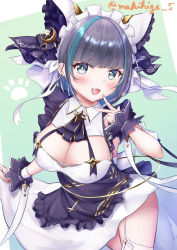 Rule 34 | 1girl, absurdres, animal ears, apron, artist name, azur lane, blue eyes, breasts, cheshire (azur lane), detached sleeves, dress, fake animal ears, fang, frilled hairband, frilled ribbon, frills, garter straps, hairband, highres, large breasts, long ribbon, looking at viewer, maid, maid headdress, makihige, multicolored hair, open mouth, puffy detached sleeves, puffy sleeves, purple apron, purple hair, ribbon, simple background, skin fang, solo, streaked hair, two-tone hair, white dress, wrist cuffs
