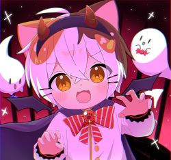 Rule 34 | 1boy, animal ears, artist request, bat wings, bow, bowtie, cape, cat boy, cat paw, child, close-up, demon horns, fangs, ghost, halloween costume, highres, horns, indie virtual youtuber, looking at viewer, male focus, multicolored hair, open mouth, second-party source, star (sky), tatamaru (vtuber), two-tone hair, virtual youtuber, wings